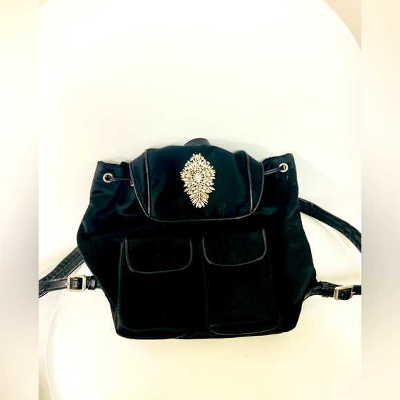 Badgley Mischka Large Jeweled Backpack Nylon & Leather - Picture 5 of 12